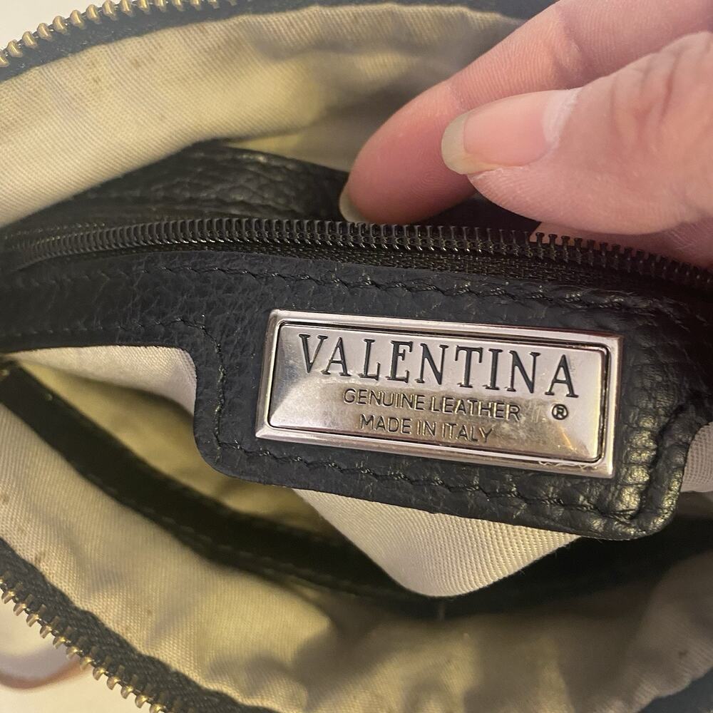 Valentina Logo Pebbled Black Brown Trim Leather Crossbody Bag Purse Italy Made - Picture 7 of 14